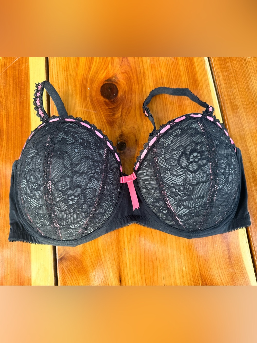 Adore Me Black Lace Pushup Bra with Pink Trim 40D